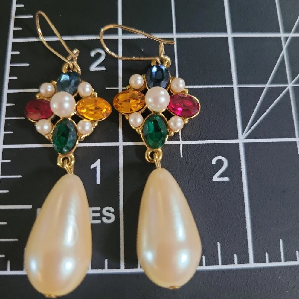 Regencycore Jewel Tone Cross Earrings Faux Pearl Teardrop Byzantine Dangle